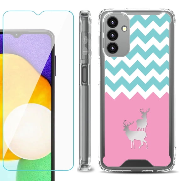 Shockproof Bumper Phone Case for Samsung Galaxy A13 5G, with Tempered Glass Screen Protector, by OneToughShield ® - Chevron/Teal/Deer