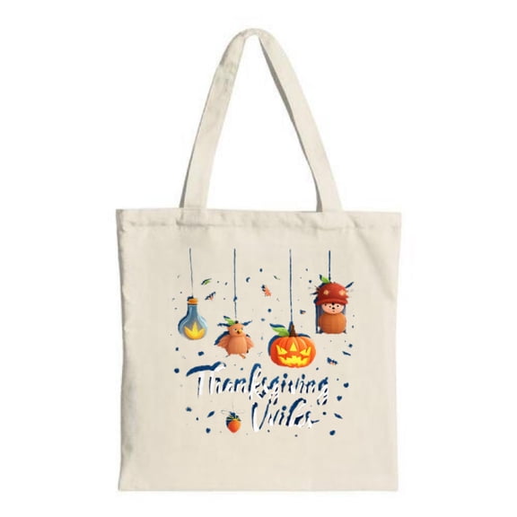 Colorful Tote Bag with festive hanging decorations: glowing light bulb pumpkin potion bottle and a hat - wearing creature Perfect for Thanksgiving