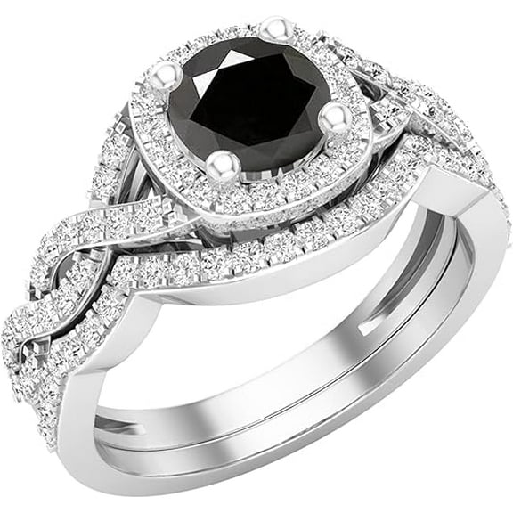 Gems Jewels 14K White Gold Plated 925 Sterling Silver 2.50 Ct Round Cut Black Diamond Engagement Wedding Christmas Thanksgiving Bridal Ring Set For Women's -5.5