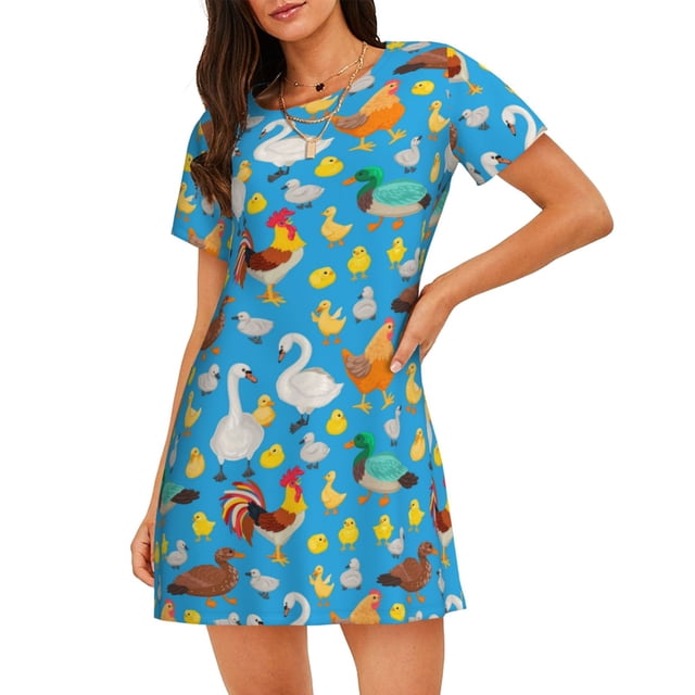 Saiise Motif Coq et Poules Chemise de Nuit à Manches Courtes Col Rond Mignonne Robe de Nuit Confortable