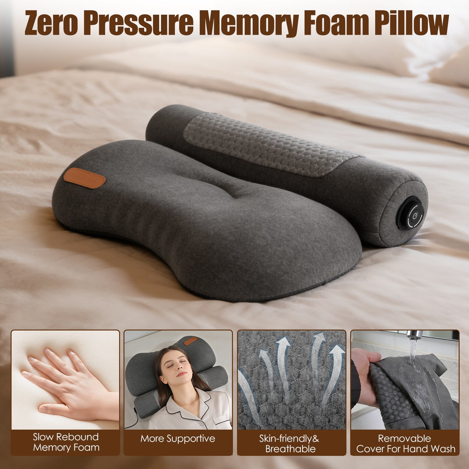 Moclever USB Heated Neck Pillow Zero Pressure Memory Foam Cervical Heated Bed Pillow with Eye Mask Adapter, Dark Grey