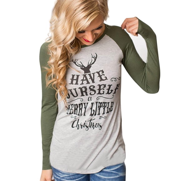 Wuyanis Christmas Round Collar Long Sleeve Women Blouse Letter Pattern Slim Tops