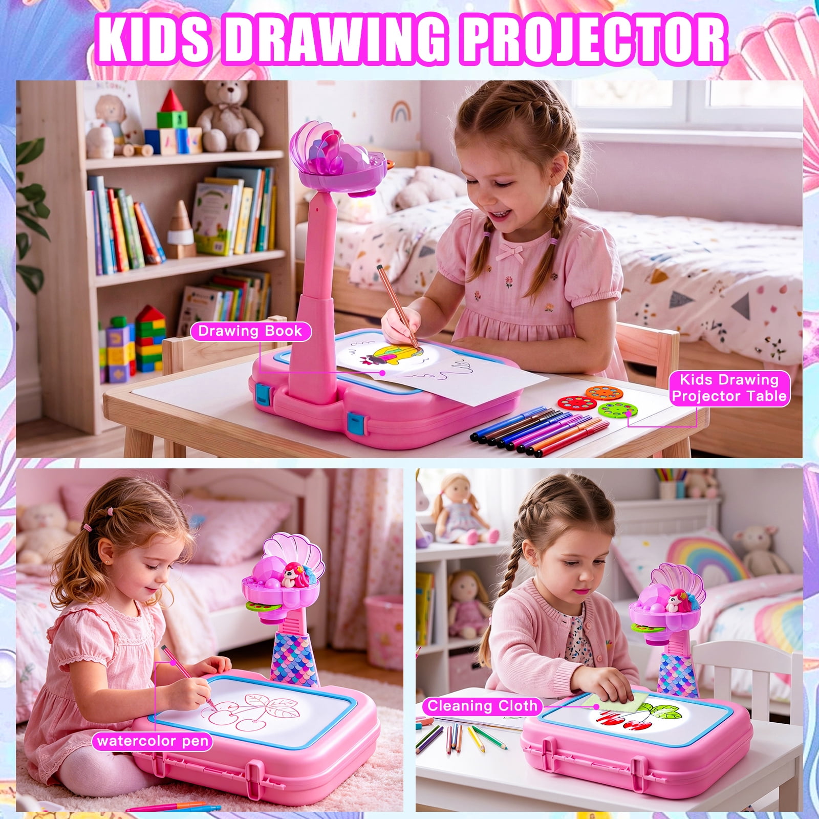 HXFOU Kids Drawing Projector Toy with 72 Projection Images, Mermaid Theme Arts and Crafts Kit for Toddlers Girls Ages 3-5