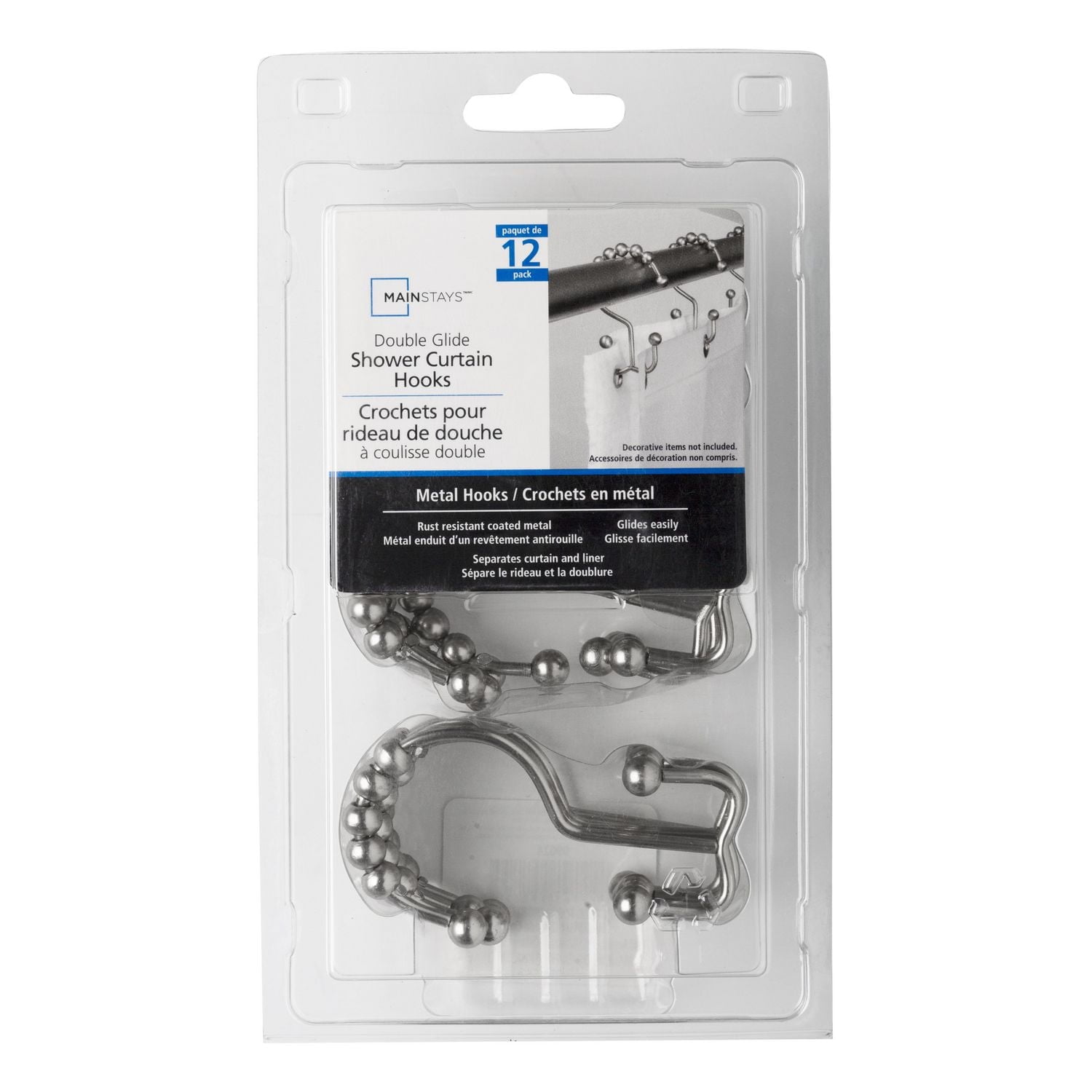 Mainstays Double Roller Glide Shower Curtain Hooks or Rings, Set of 12