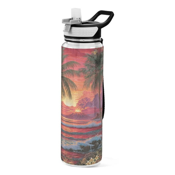 Qxltty Volcanic Island Water Bottle 32 oz with Straw BPA Free Reusable Fitness Sport Bottle Perfect for Travel School Outdoors and Gym