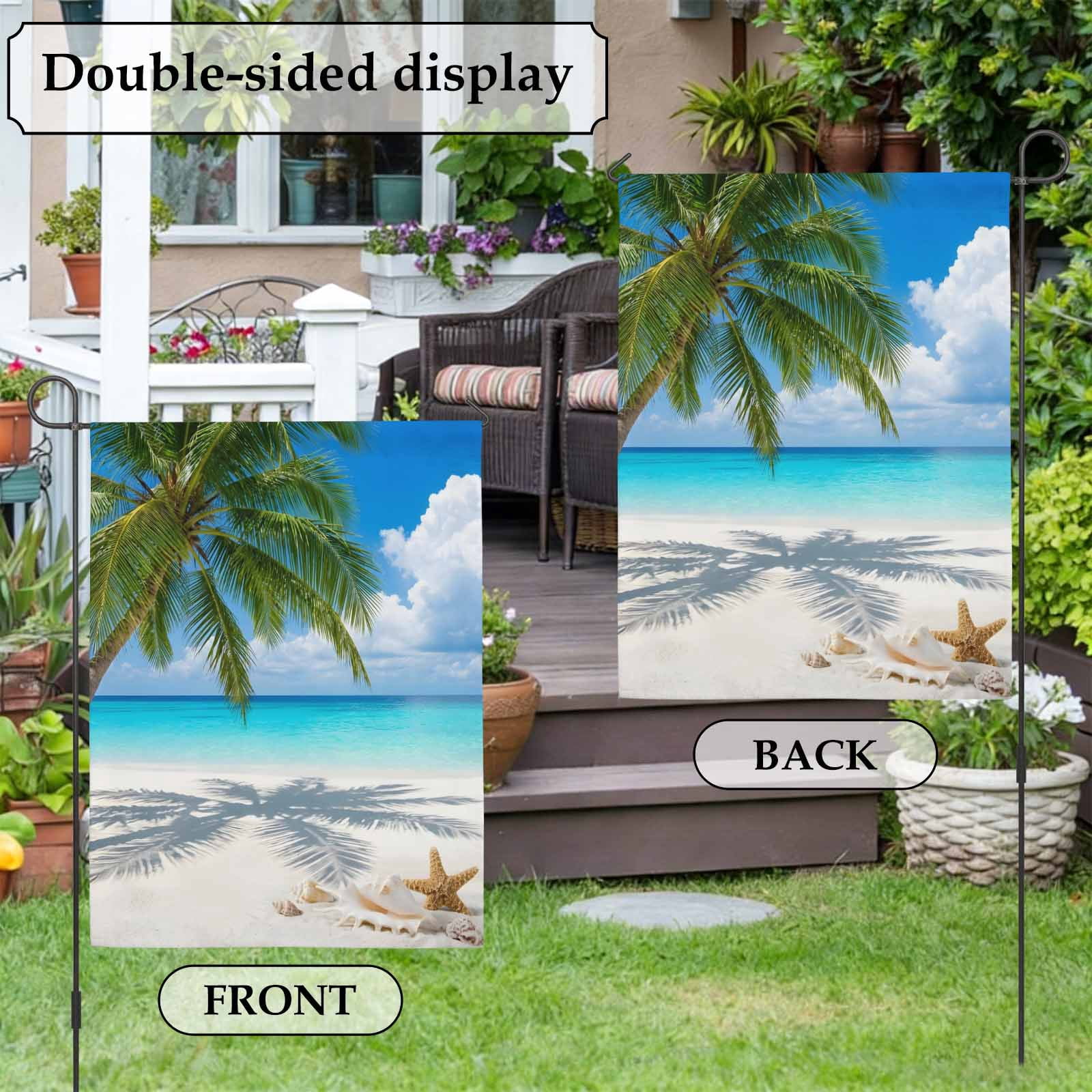 Coastal Beach House Flag 28 x 40 Inches, Starfish Palm Tree Sky Tropical Weather Proof Outdoor Patio Flags Double Sided Small House Decoration for Yard Lawn Outside Home