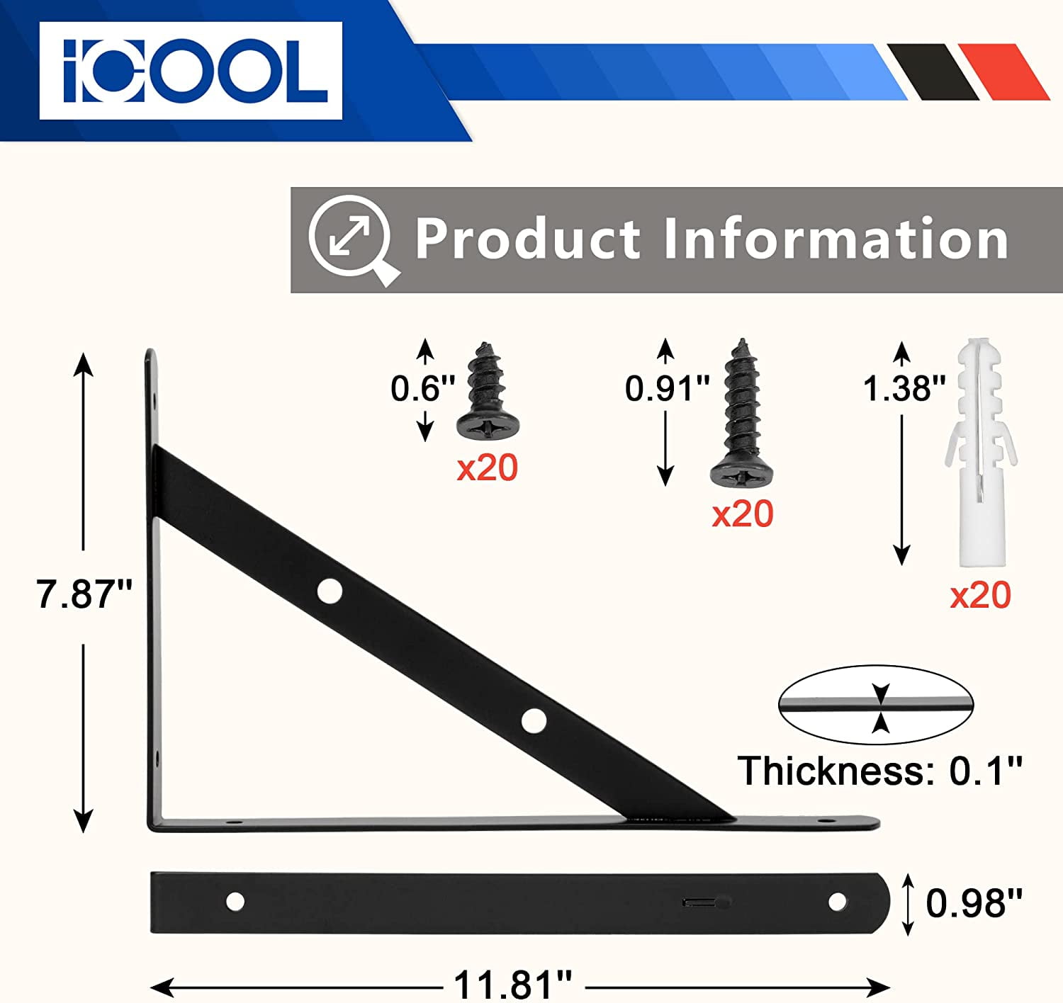 ICOOL 10 Pack Heavy Duty Shelf Bracket 12 x 8 inch DIY Wall Floating Shelf Brackets for Home Warehouse Garage Farm Triangle Metal Shelf Supports with Screws