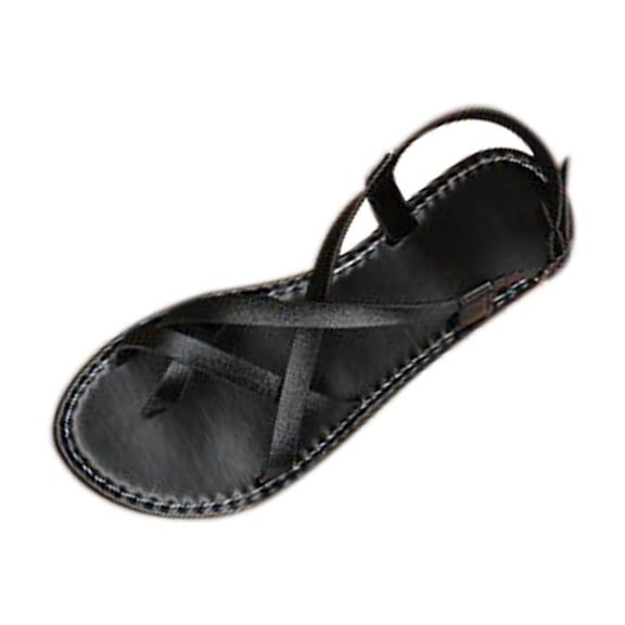 Black Sandals For Womens Slip On Casual With Round Toe Open Toe And Toe Post Design Flat Sole Comfortable For Outdoor And Daily Use Size 36