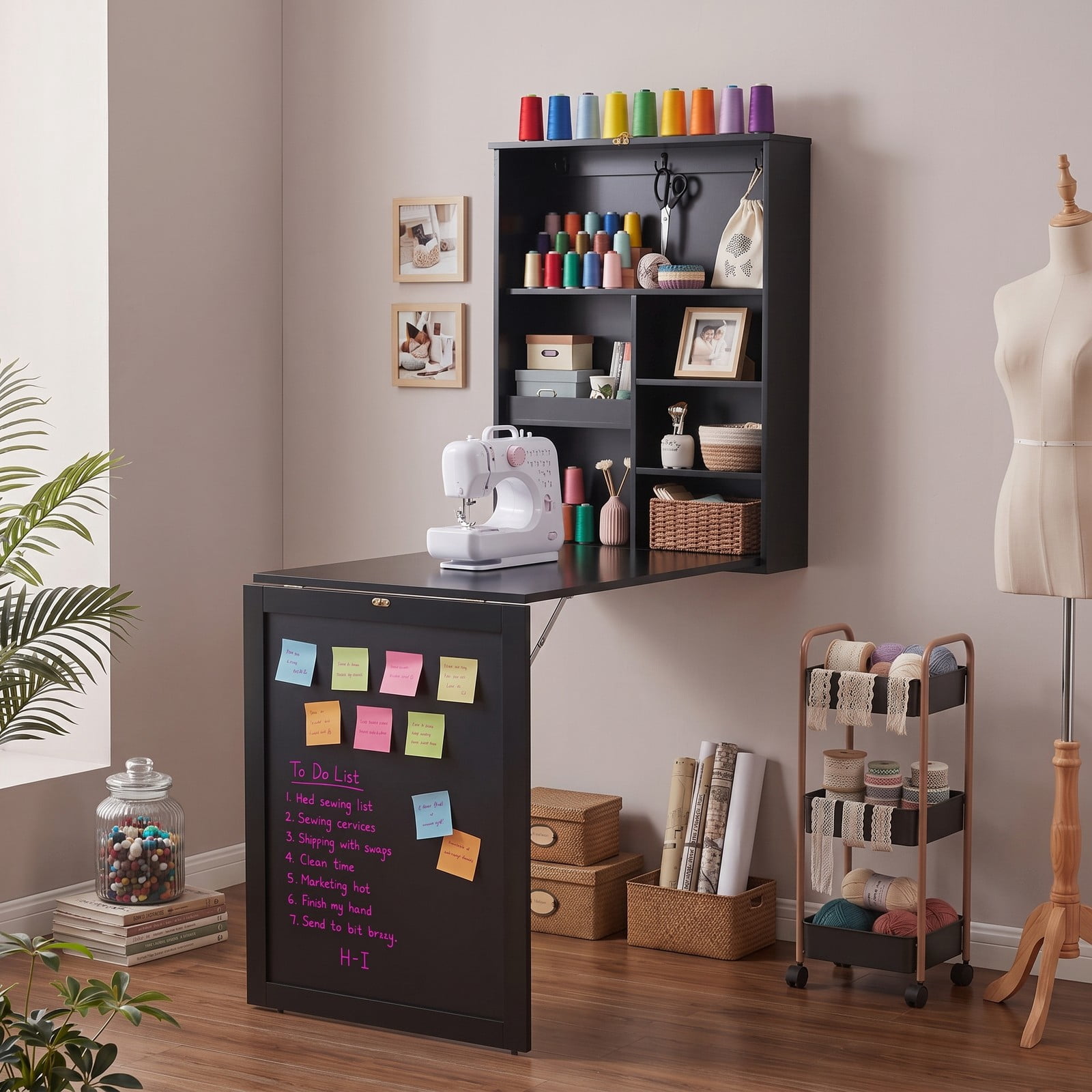 Furnibear Convertible Wall Mounted Folding Desk with Chalkboard, Space Saving Fold Down Wall Table with 6 Storage Cubes and 3 Hooks for Home Office Study, Black