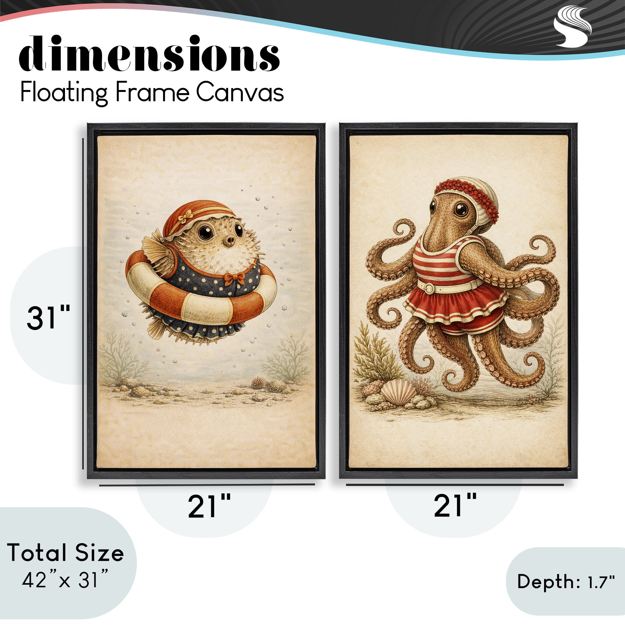 Stupell Industries Vintage Maritime Bathing Creatures 2 Piece Black Framed Floater Canvas Set, design by Grotto Studios