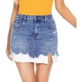 thumbnail image 3 of Falda de mezclilla pantalones cortos de mujer jeans borde crudo deshilachado agujero elástico cintura media minifalda casual 206-azul 6, 3 of 5