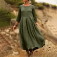 thumbnail image 4 of RYRJJ 3/4 Sleeve Cotton Linen Dresses for Women Summer Loose Crewneck Pleated Elegant Dress A-Line Casual Swing Beach Long Dress(Army Green,L), 4 of 9