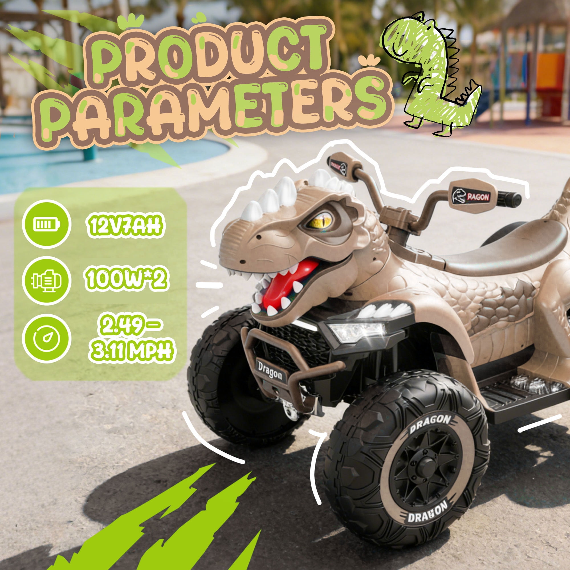 KEEPSUN 12V Ride on Toy for Kids, Dinosaur Ride on Car w/ Remote Control, 2-Seater 4 wheeler Kids ATV Quad with 100W*2 Motors, Bluetooth, Spring Suspension, Music, Cool Lights, Khaki