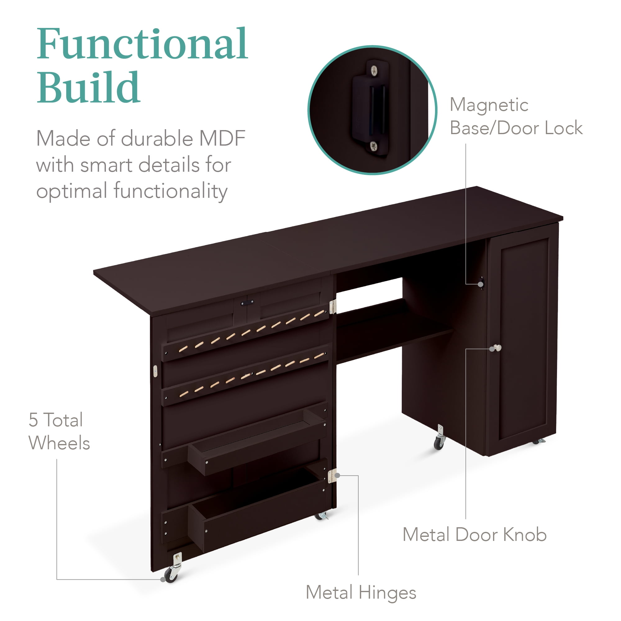Best Choice Products Large Portable Multipurpose Folding Sewing Table w/ Magnetic Doors, Craft Storage - Brown