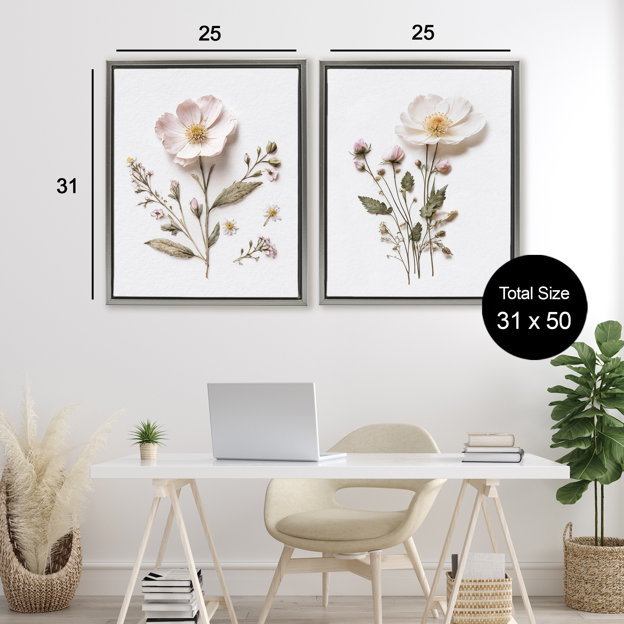 Minimal Pressed Flowers 2 Piece Gray Framed Floater Canvas Set, design by Lettered and Lined