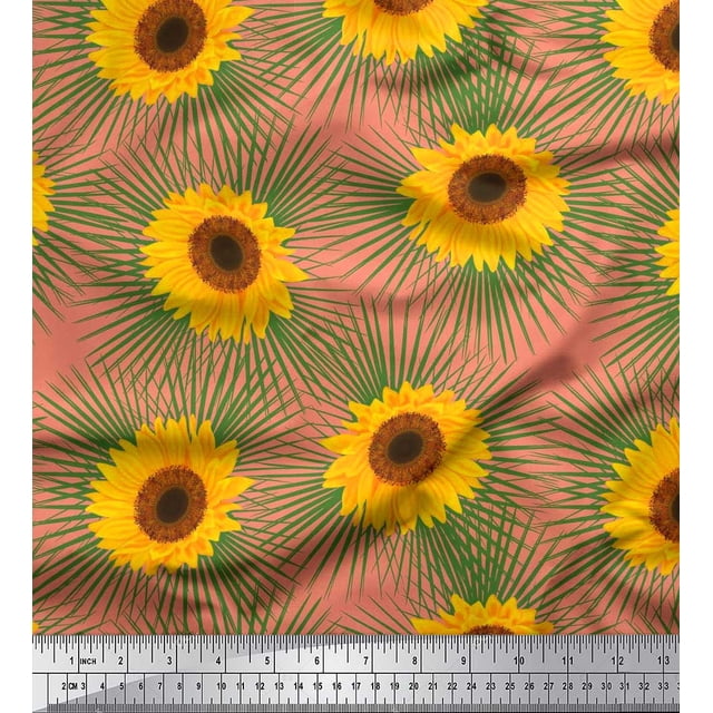 Soimoi Polyester Crepe Fabric Leaves & Sunflower Floral Printed Fabric 1 Yard 52 Inch Wide