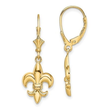 Diamond2Deal 10K Yellow Gold Fleur-de-Lis Leverback EARRINGS for Women (L- 1.3 inch, W- 0.46 inch)