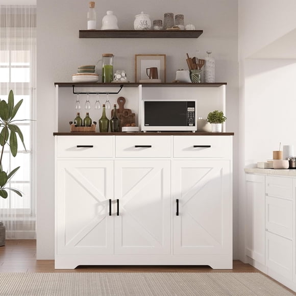 Bingirl Buffet Cabinet with Microwave Stand Barn Doors Sideboard Storage Cabinet with Drawers and Shelves for Kitchen Living Room White