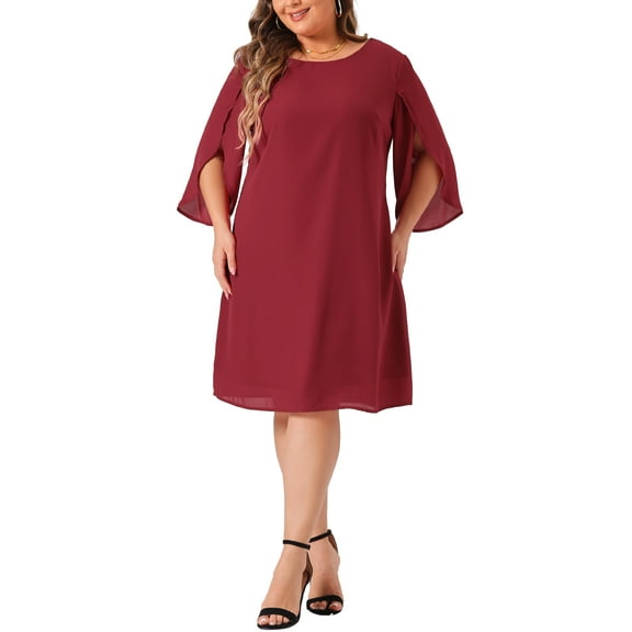 Agnes Orinda Plus Size Dresses For Women Crew Neck 3/4 Flutter Sleeve Party Wedding Cocktail Chiffon Flowy Dress 2X Burgundy