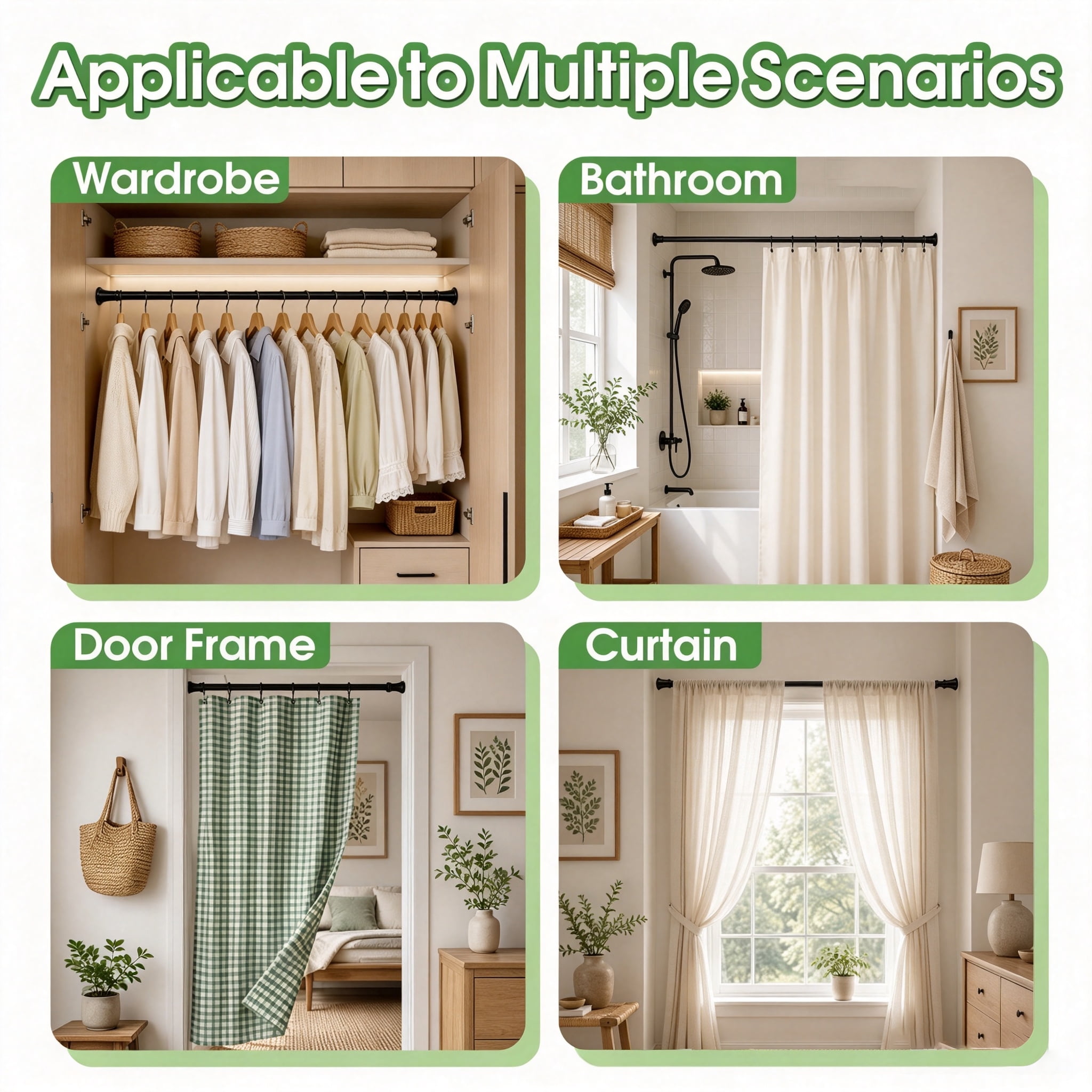 40.55‑78.78 Inch Adjustable Tension Curtain Rod, No‑Drill Shower Curtain Rod, Black Spring Tension Rod, Non‑Slip Window Curtain Rod for Bathroom, Closet, Doorway