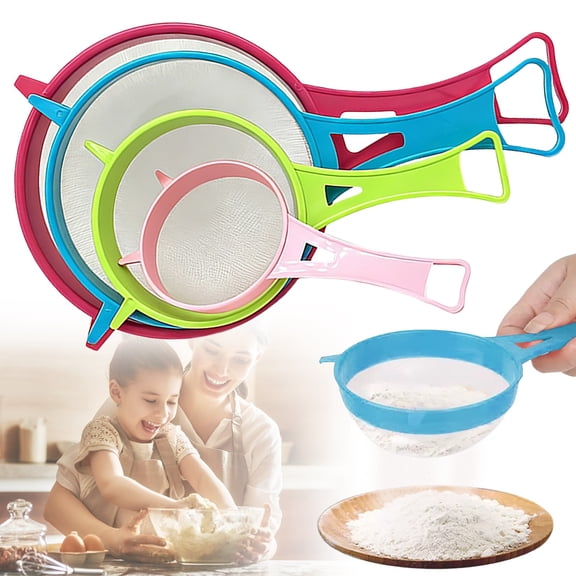 4Pcs Plastic Mesh Strainer Colander Set for Baking and Kitchen Use, Food Soy Milk Flour Sieve Long Handle Sieve Strainer Icing Sugar Sifters Fine Strainer Tea Filter