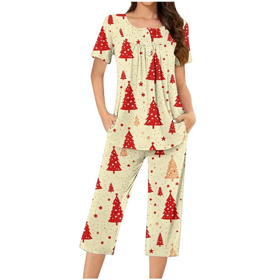 cocolona Womens Christmas Pajamas Short Sleeve Tops and Capri Pants 2 Piece Lounge Outfits Sleepwear Home Sets with Pocket
