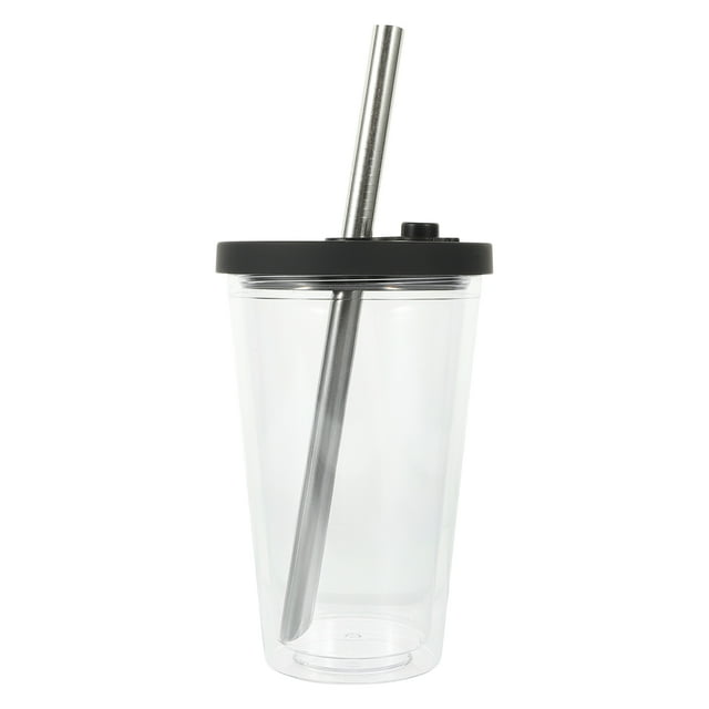 1 Set Double Layered Cup Thickened Cold Drink Cup Reusable Boba Tea Cup with Straw