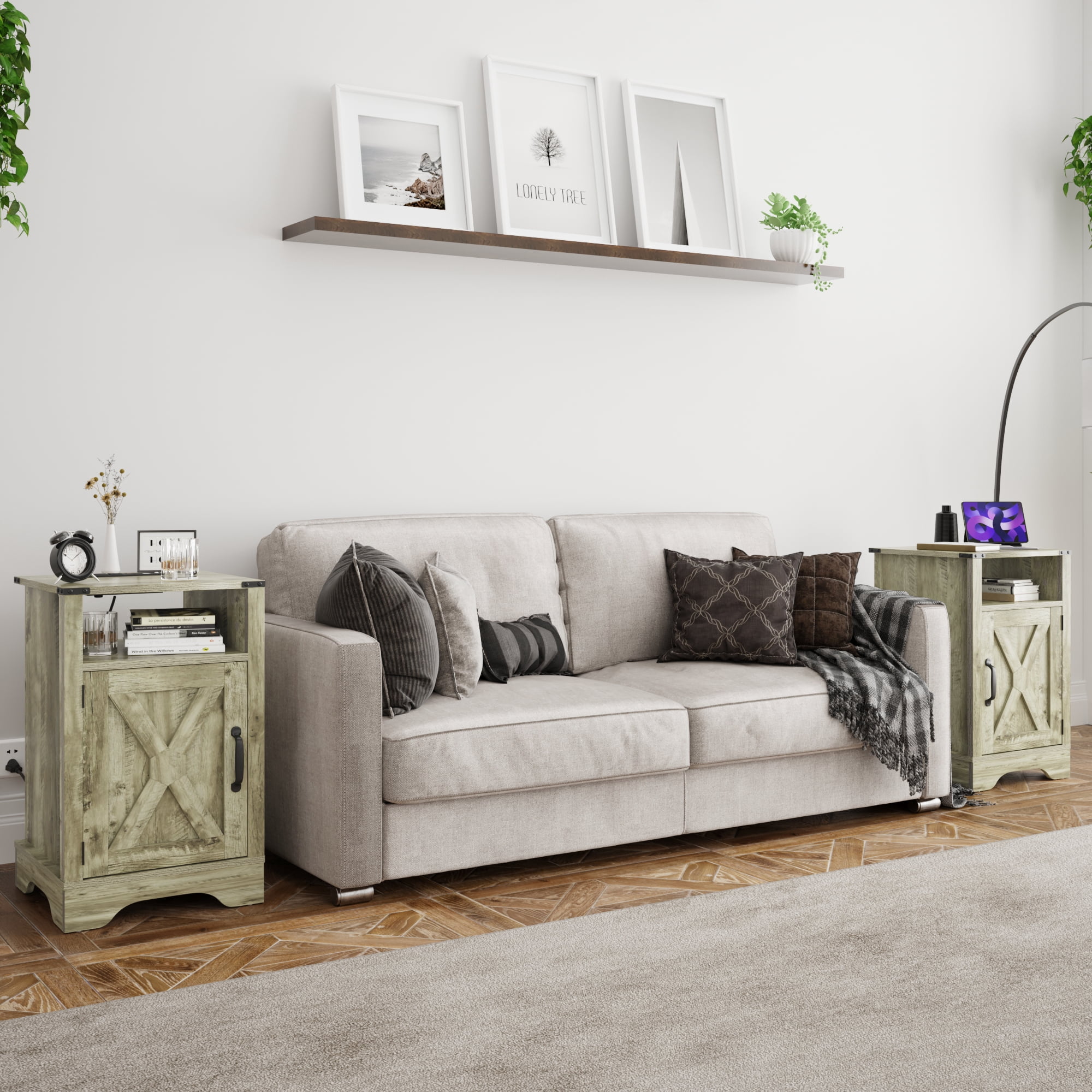 Heynemo 2Pcs Farmhouse Nightstand with Charging Station, Wooden Rustic Tall Bedside Table, for Bedroom, Living Room, Light Gray