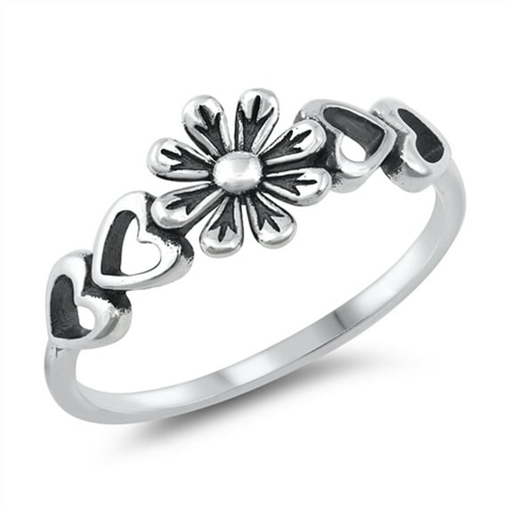 Flower Heart Oxidized Ring .925 Sterling Silver Band Jewelry Female Male Unisex Size 4
