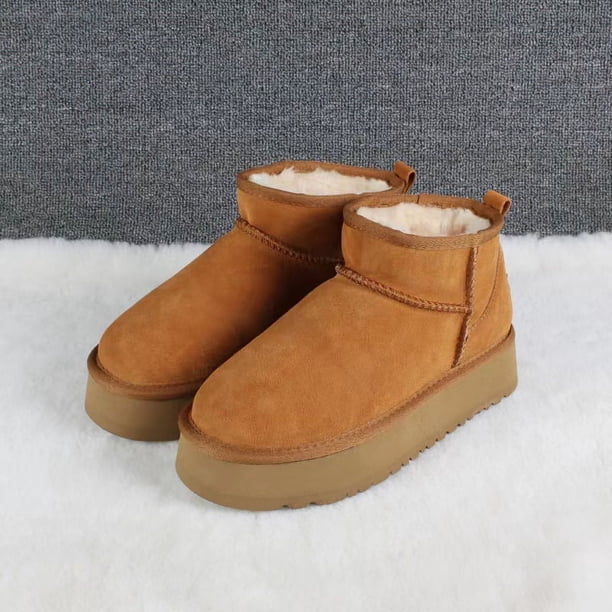 Botas de nieve para mujer de suela gruesa de piel de vaca con suela acolchada y cálida de algodón
