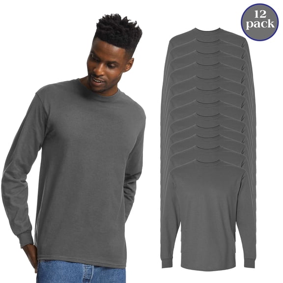 Gildan Ultra Cotton Long Sleeve T-Shirt for Men, 12 Pack Charcoal Color Classic Fit Bulk Tee, S