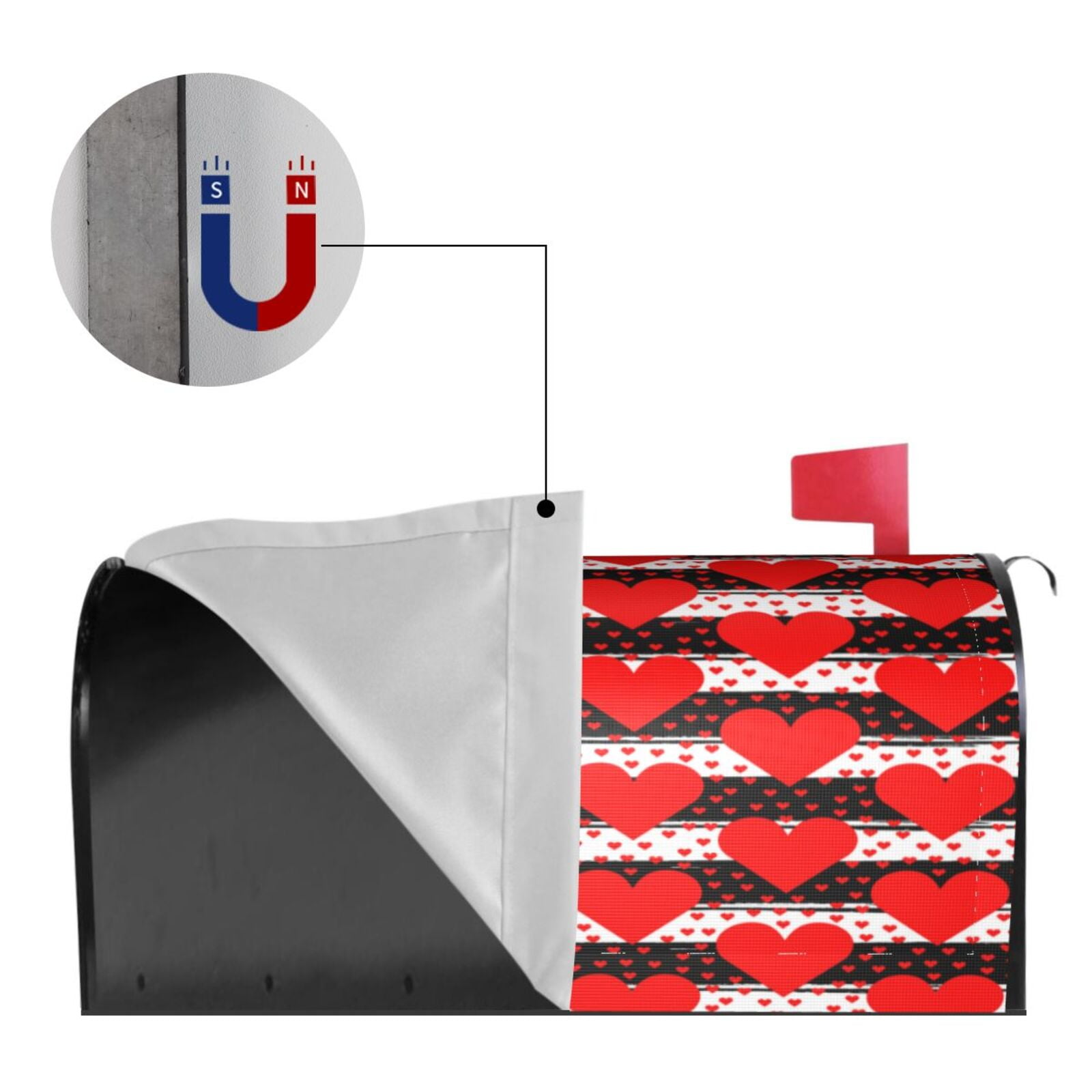 Xecao Black and white striped and red hearts for Mailbox Cover with Magnetic Strips, Waterproof and Sunscreen, Adds a Decorative Touch to Your Garden Yard-21x18 in