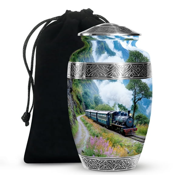 MUKTIVE Train Burial Urns for Adult, Funeral Mountain Urns for Human Ashes Adult Male & Female, Decorative Pink Flower Cremation Gift Urn, Large Memorial Urn for Ashes for Mom & Dad, 10 Inch (Grey)
