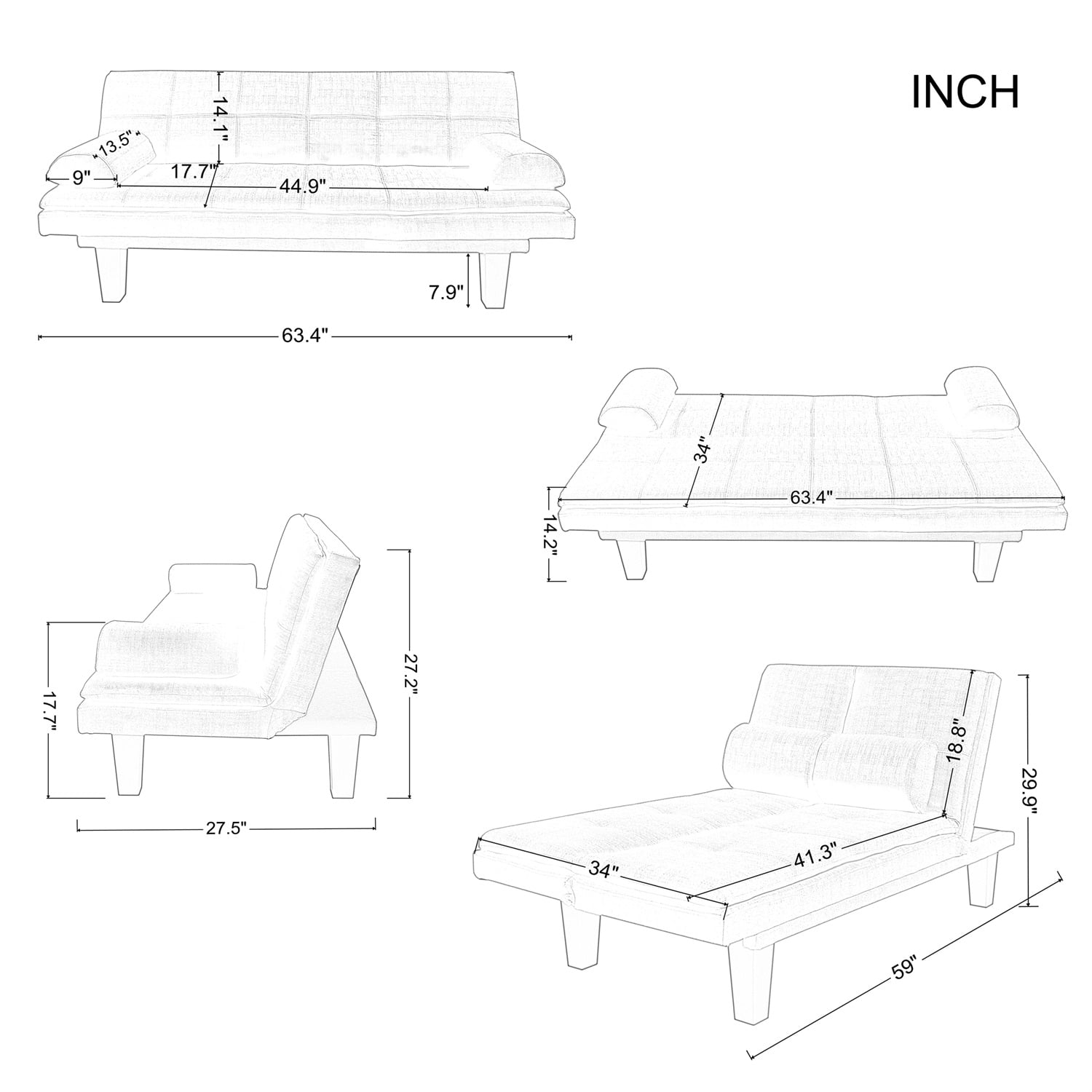 Kadyn 63.4" Futon Sofa bed, Polyester Upholstered Sofa bed with 2 arm cushions, Modern Futon Sofa bed for apartment, Purple