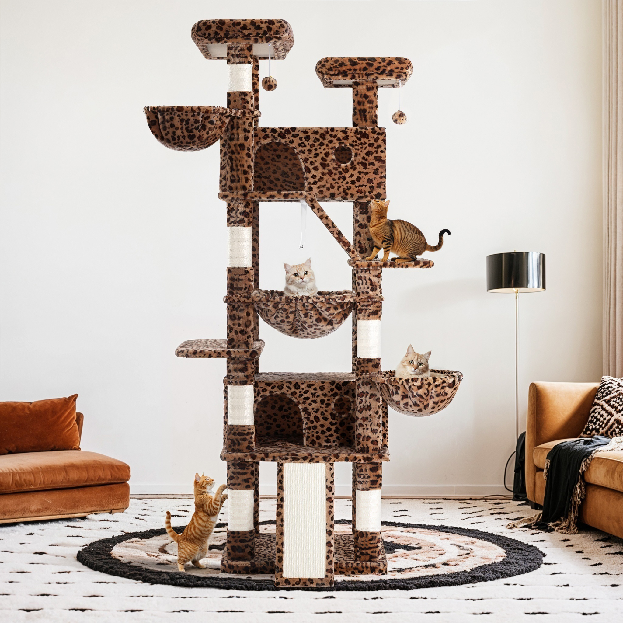 Sifurni 81" Multi-Level Tall Cat Tree Tower for Large Cat with Cat Condo and Hammock, Scratching Post & Scratching Ramp, Leopard Print