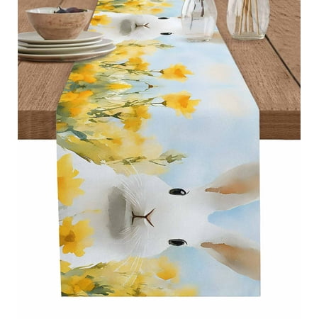 

Table Runner Dresser Scarf 18 x 72 Inch Spring Watercolor Rabbit Yellow Flower Field Sky Landscape Table Runners Non-Slip Heat Kitchen Dining Table Decor for Indoor Outdoor Home Party Decoration