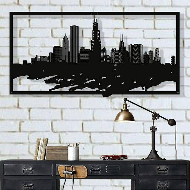 LaModaHome Metal Wall Art, Chicago Skyline City Silhouette, Metal Wall