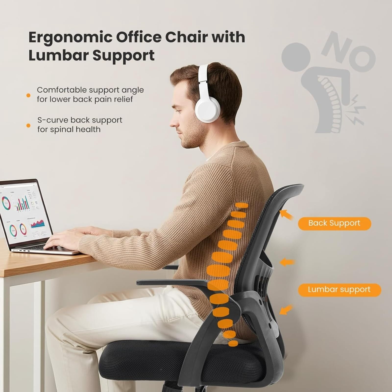 Kelno Ergonomic Mesh Office Chair Mid Back Desk Chair with Lumbar Support Flip-up Armrests Adjustable Height Swivel Task Chair, Black