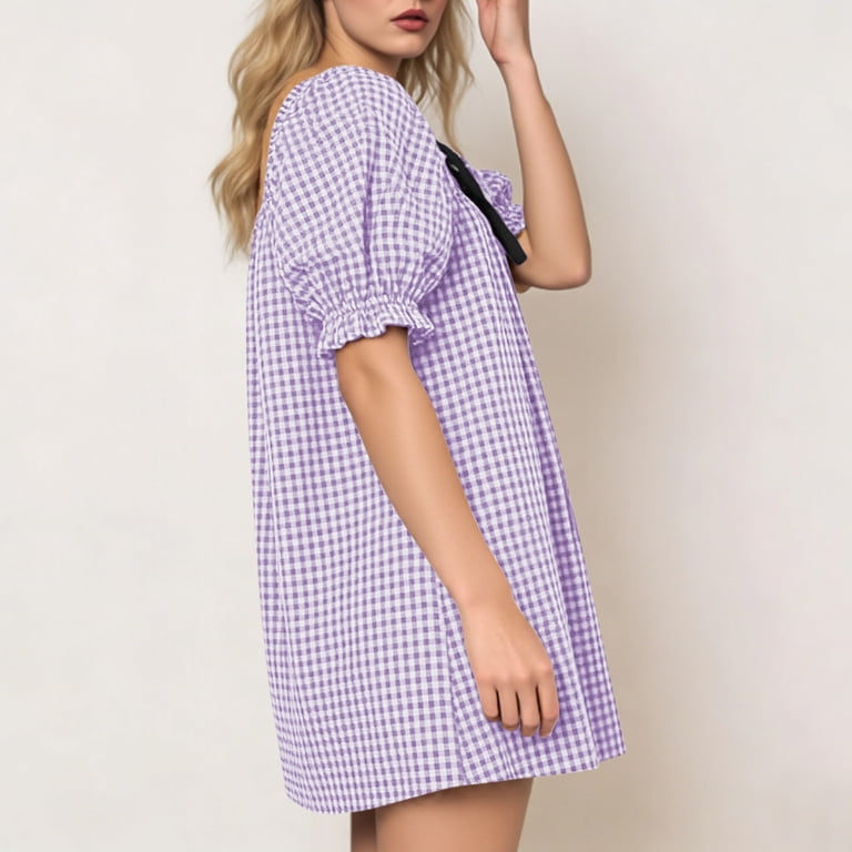 Vekdone Women Plaid Cropped Mini Dress Puff Short Sleeve A Line Dress Square Neck Loose Fit Tunic Dress Y2K Swing Babydoll Puff Dress Purple M,