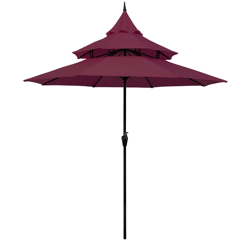Abble 9ft Patio Umbrella with Crank 3-Tier Pagoda Outdoor Market Umbrella with 8 Ribs for Garden Deck Backyard Pool, Burgundy