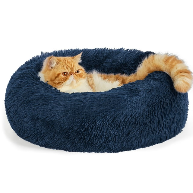 Cama calmante para mascotas para gatos de interior, tamaño pequeño, azul marino, 15 libras