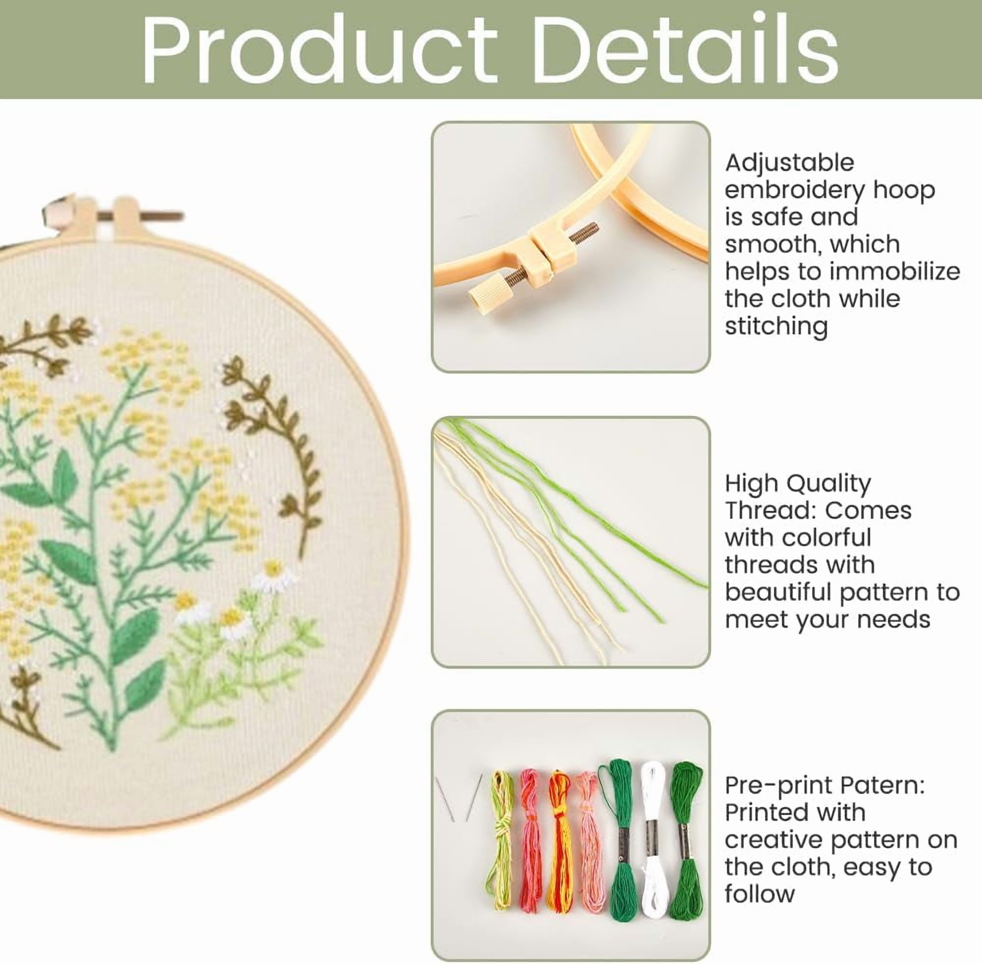 4 Sets Flower Embroidery Kit Floral Embroidery Pattern Spring Floral Plant Colorful with Cloth Hoop Threads Needles Sewing Skill Techniques Stamped Stitch Kits for Adult Beginners Craft 1set