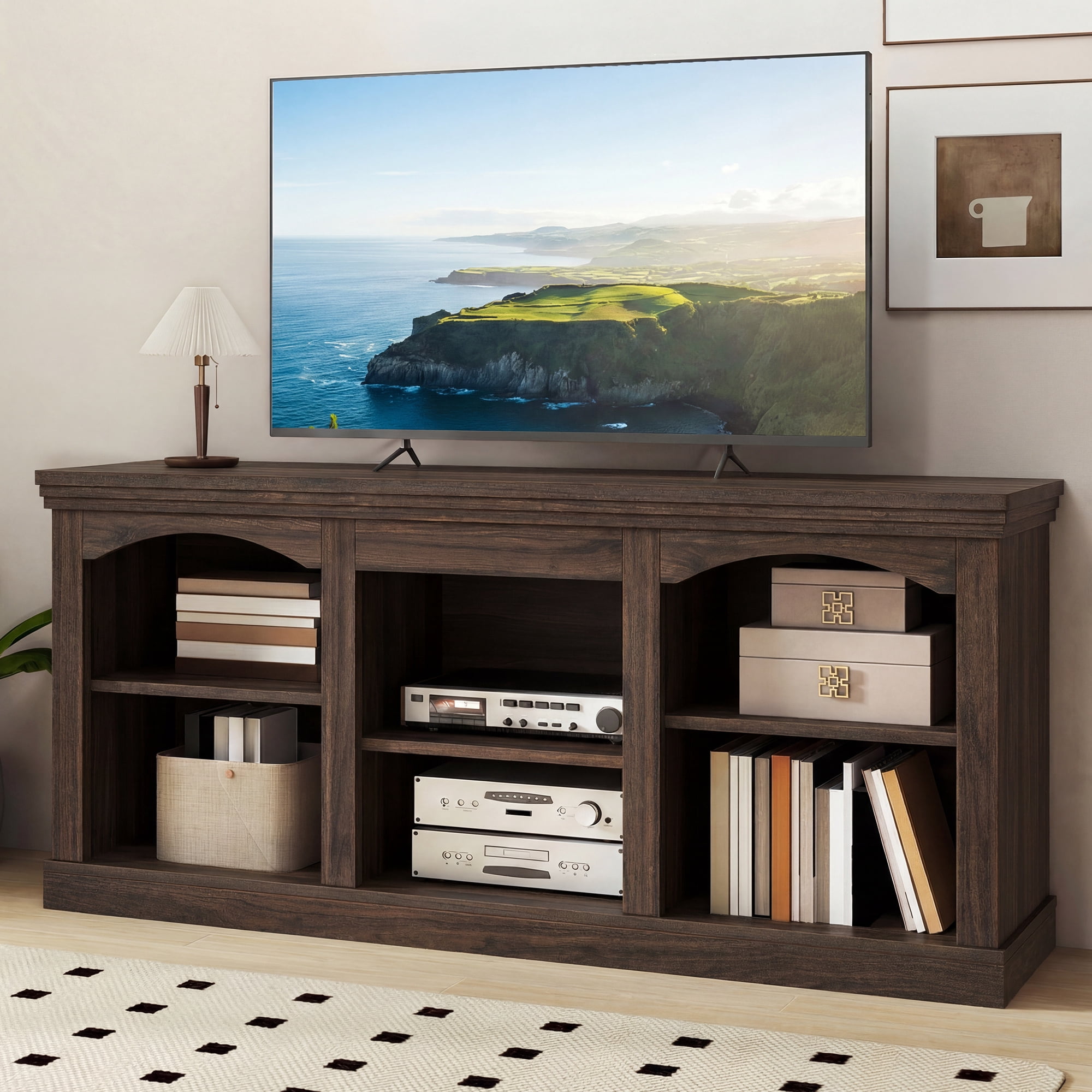 Uforic 59" Washed Grey Farmhouse TV Stand, Adjustable Shelf Entertainment Center for 65 Inch TVs for Living Room, Black