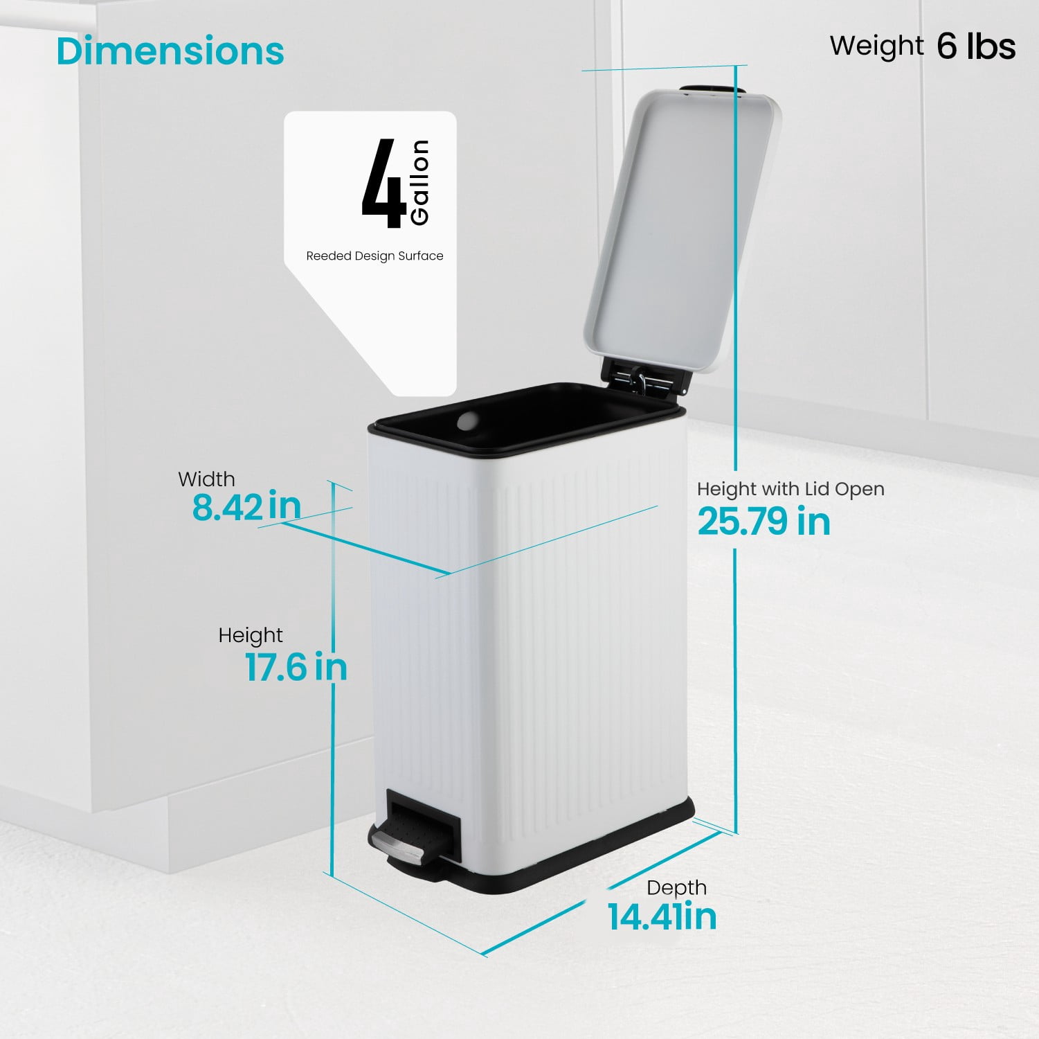 Home Zone Living 4 Gallon Slim Stainless Steel Kitchen Trash Can with Reeded Pattern, Step Pedal and Soft Close Lid, Matte White