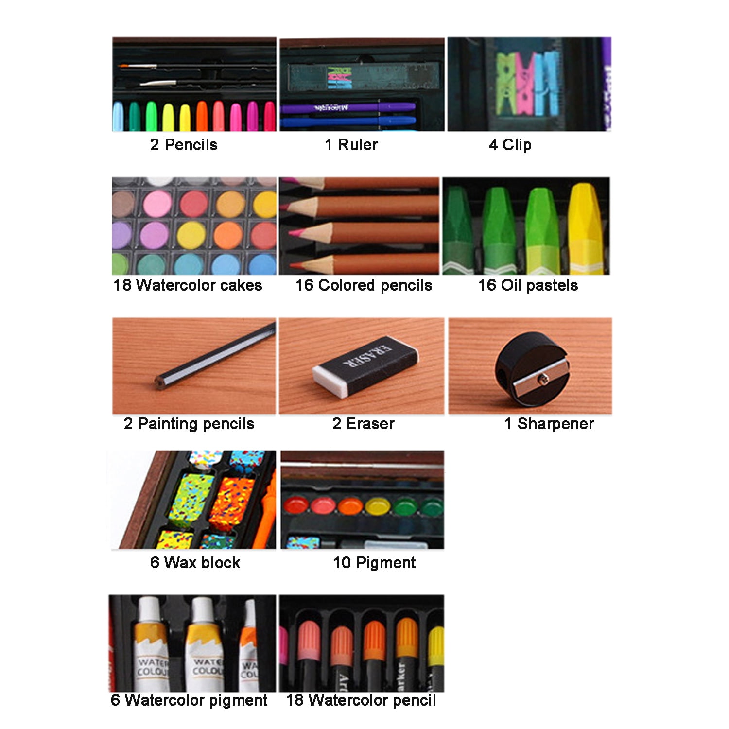 123 Piece Deluxe Art Set, Wooden Box & Drawing Kit with Crayons, Oil Pastels, Colored Pencils, Watercolor Cakes, Sketch Pencils, Paint Brush, Sharpener, Eraser for Girls Boys 6-8 9-12 13 14 Year Old
