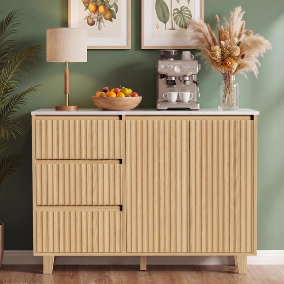40" Sideboard Buffet Cabinet with Drawers, Oak | Mid Century Modern Accent Cabinet with Adjustable Shelves,Fluted Storage Cabinet for Dining Room, Living Room,Entryway