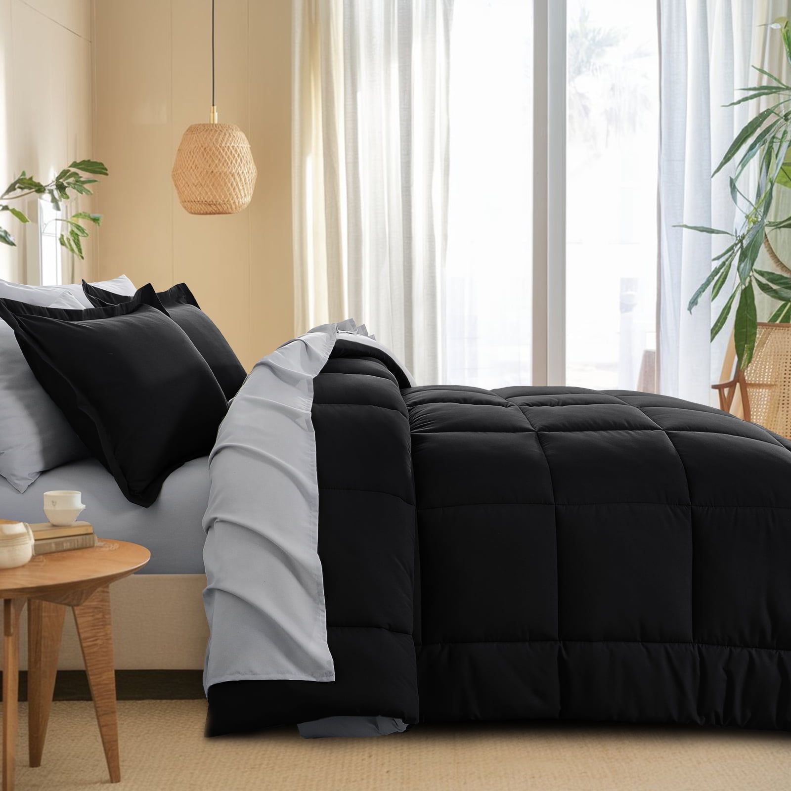 RUIKASI 7 Pieces Black/Light Grey King Bed Comforter Set with Sheets - Bed in a Bag with Comforter and All Season Sheets, Pillowcases