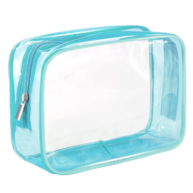 Bolsa de cosméticos transparente de PVC impermeable, bolsa de cosméticos transparente de viaje portátil con cremallera azul