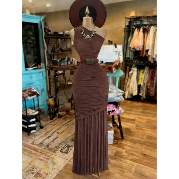 Coffee Asymmetric One-Shoulder Ruched Fitted Waist Sleeveless Bodycon Maxi Dress For Women
