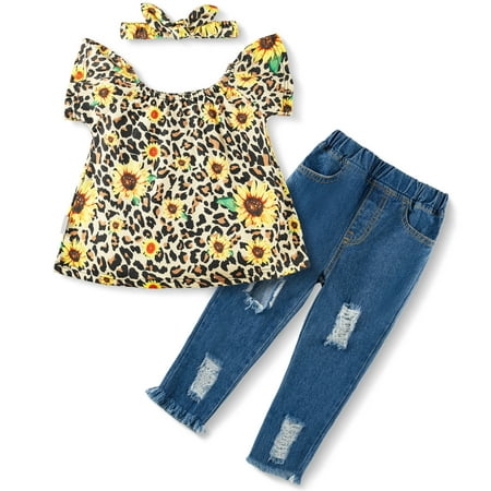 

6M-4T Toddler Baby Girl Jeans Outfits Off Shoulder Tube Top Ruffle Sunflower Shirt Ripped Jeans Denim Pant Summer Clothes